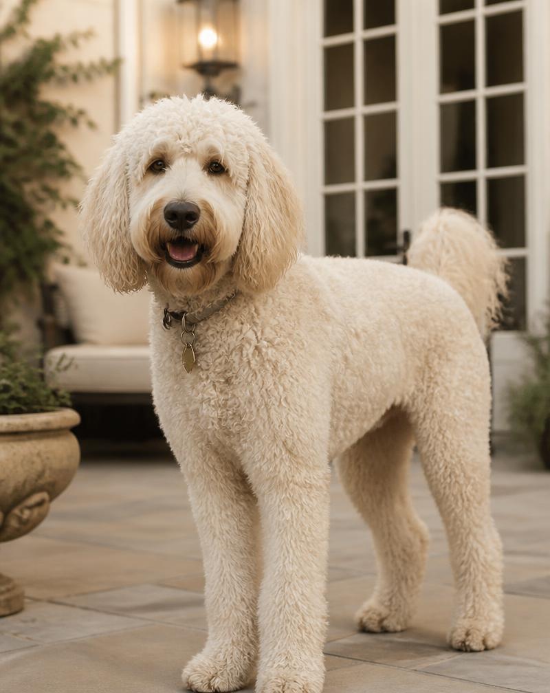 Standard size reference: large cream Goldendoodle with a tall frame standing on a stone patio