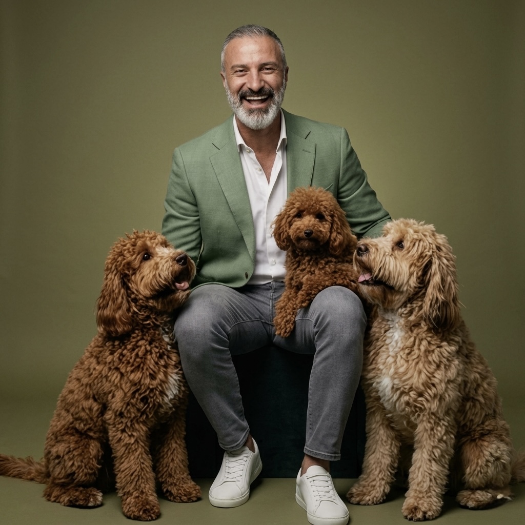 Armen laughing with three of his Goldendoodles