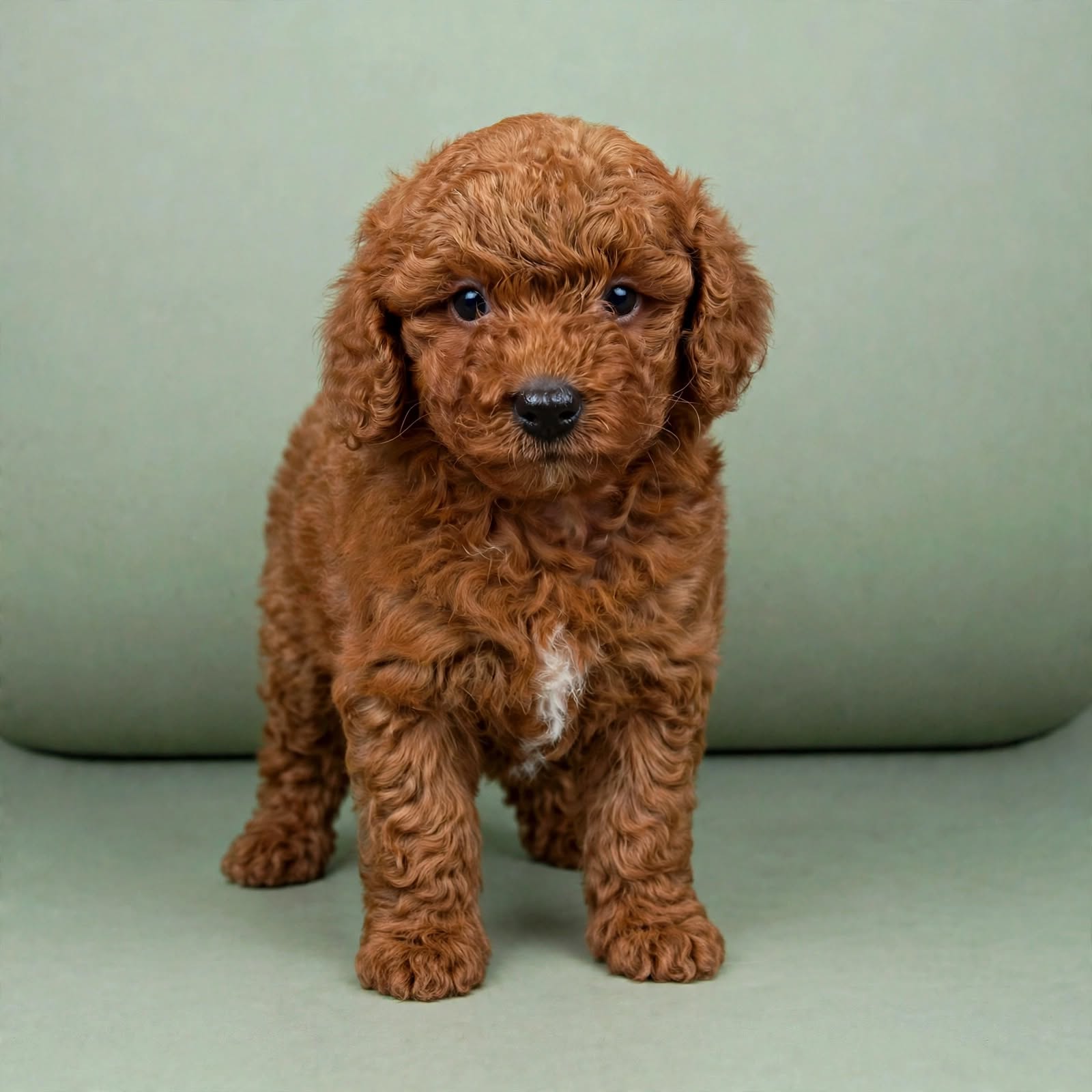 Red Goldendoodle puppy with a curly furnished coat standing in a soft sage studio setting
