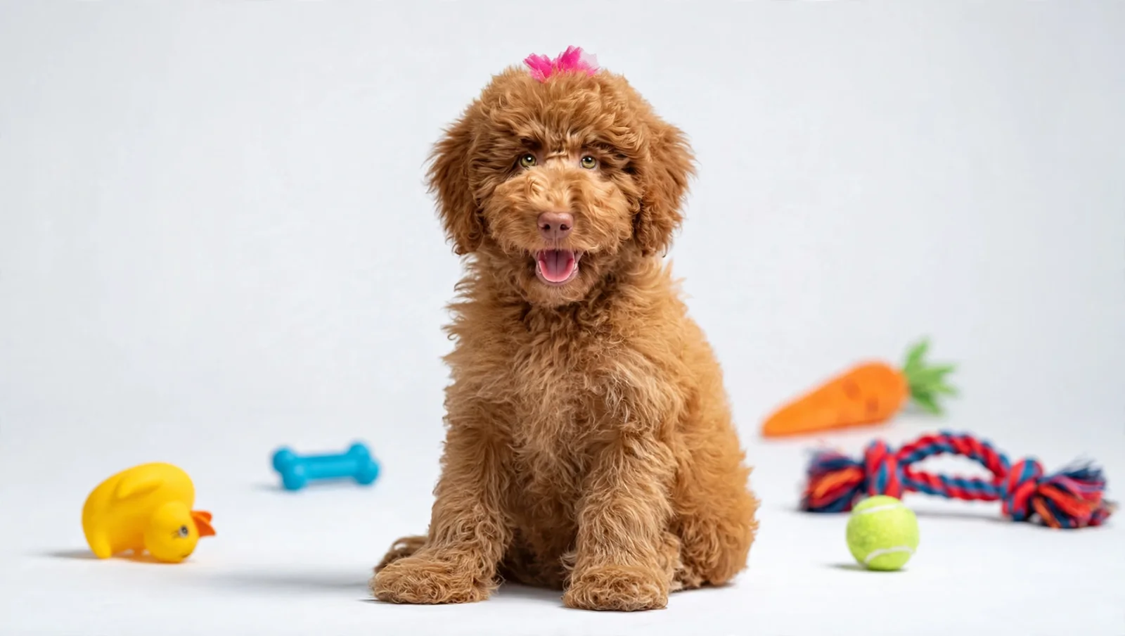 A red Goldendoodle puppy seated on a white studio floor with colorful puppy toys