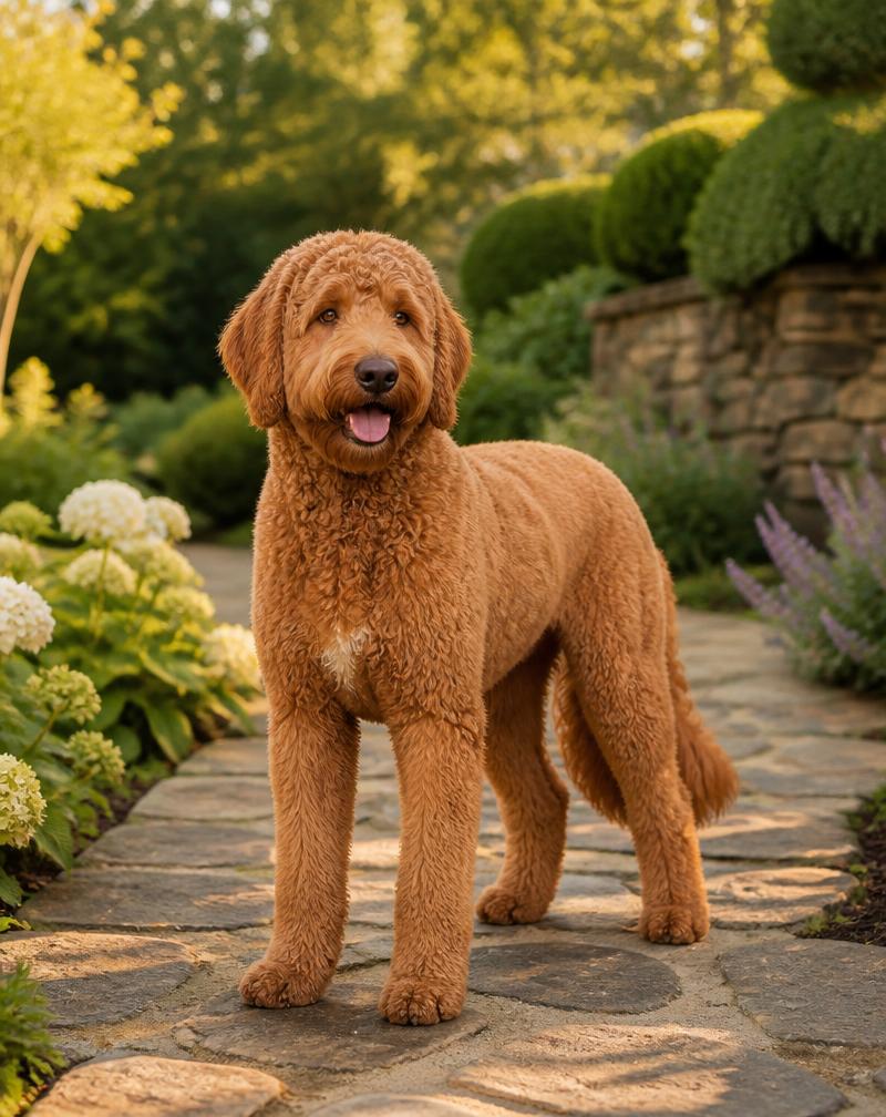Medium size reference: taller red Goldendoodle with a deeper chest standing on a garden stone path