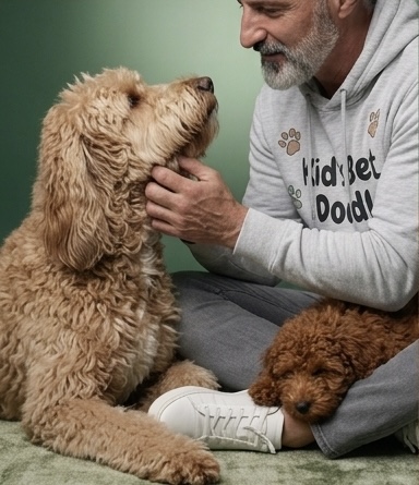 Armen at home with his Goldendoodles, wearing a Kid's Best Doodle hoodie