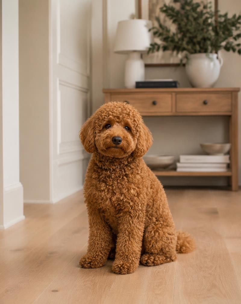 Mini size reference: compact red Goldendoodle sitting in a warm neutral home interior
