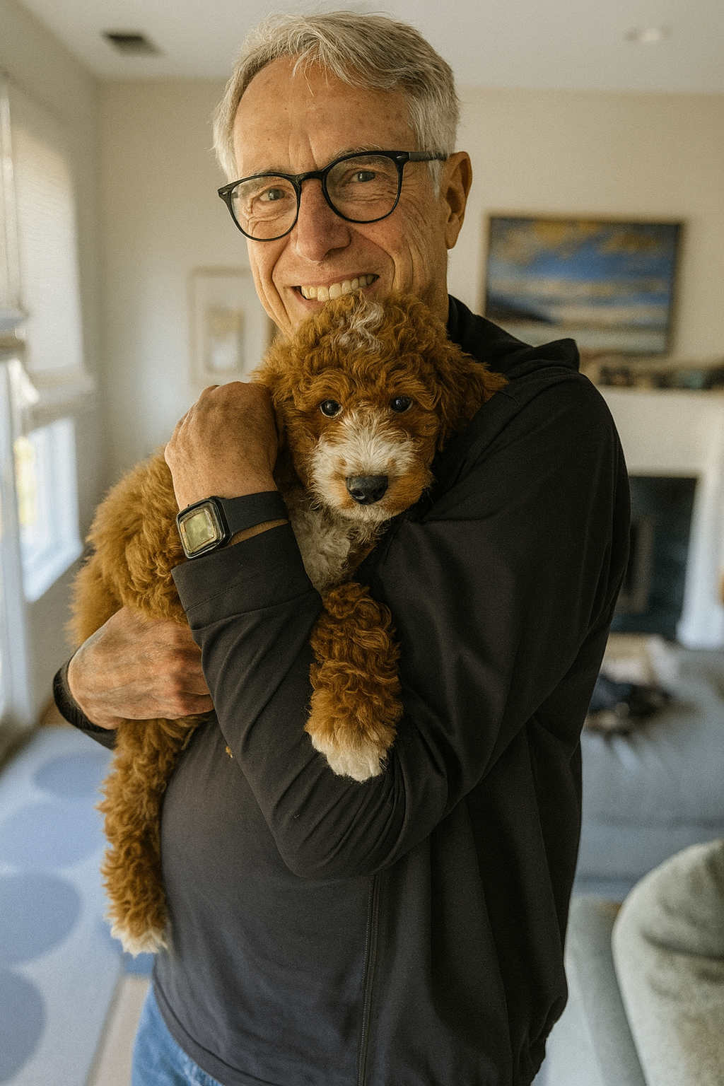 A retired Kid's Best Doodle owner smiling as he holds his red Goldendoodle puppy close at home