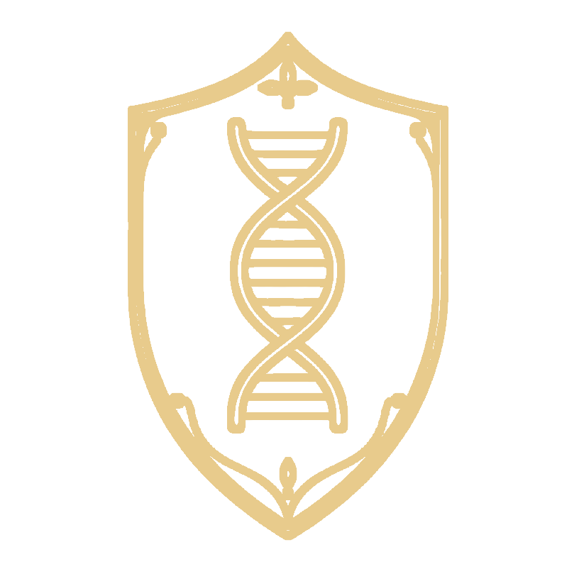 Gold DNA helix shield emblem for Embark health testing on Kid's Best Doodle parent dogs