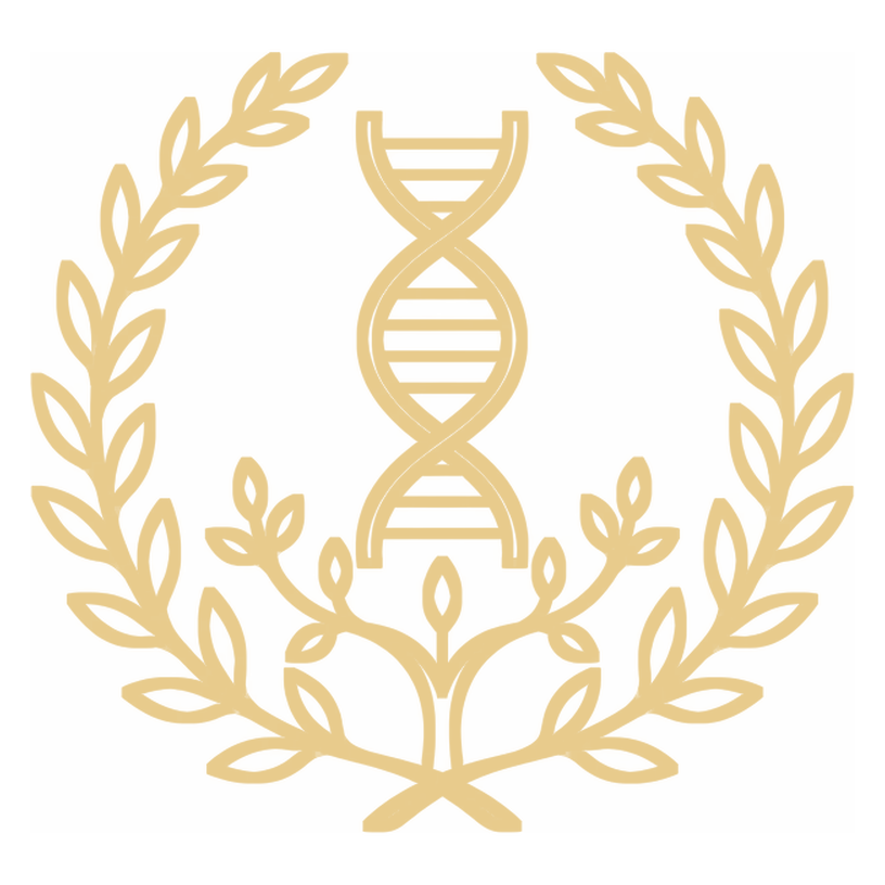 Gold DNA helix and laurel emblem for the Institute of Canine Biology genetics certificate