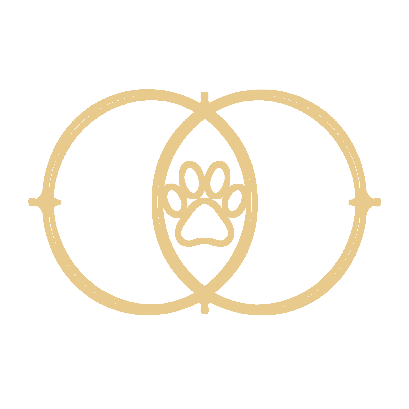 Gold interlocking circles and paw emblem for Good Dog Savvy Socialization certification