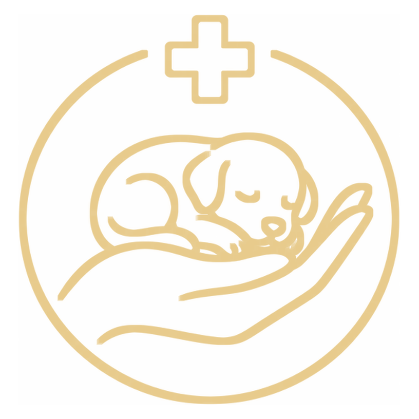 Gold emblem of a hand cradling a newborn puppy for AKC whelping and medical intervention coursework